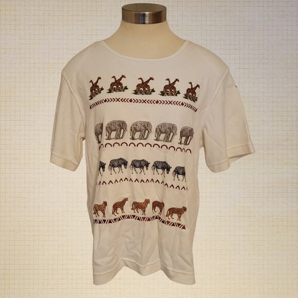 Safari Animal Embroidered Graphic Tee Alfred Dunner Petite M 90s White Top - Picture 1 of 10